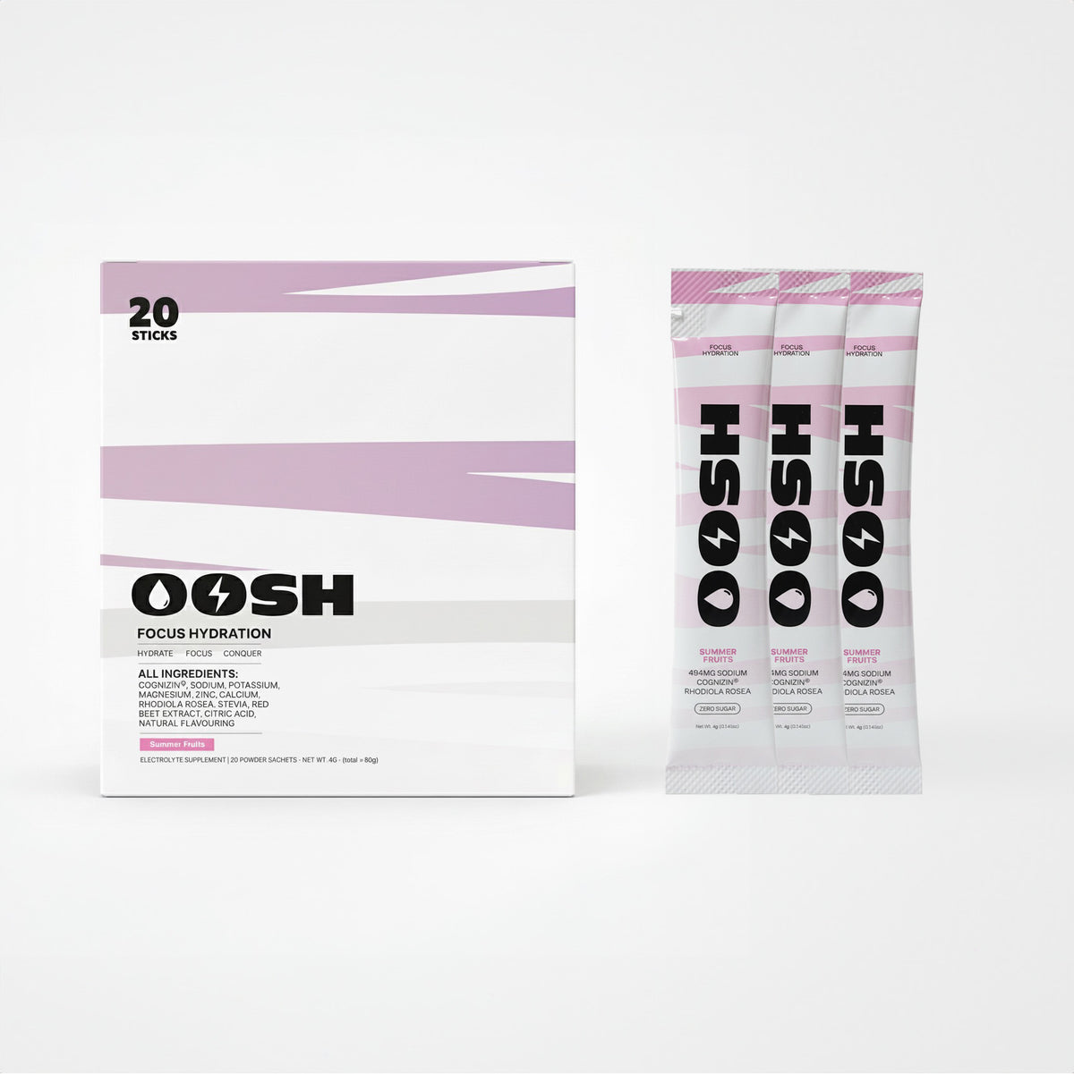 OOSH Focus Hydration box with three Summer Fruits sachets