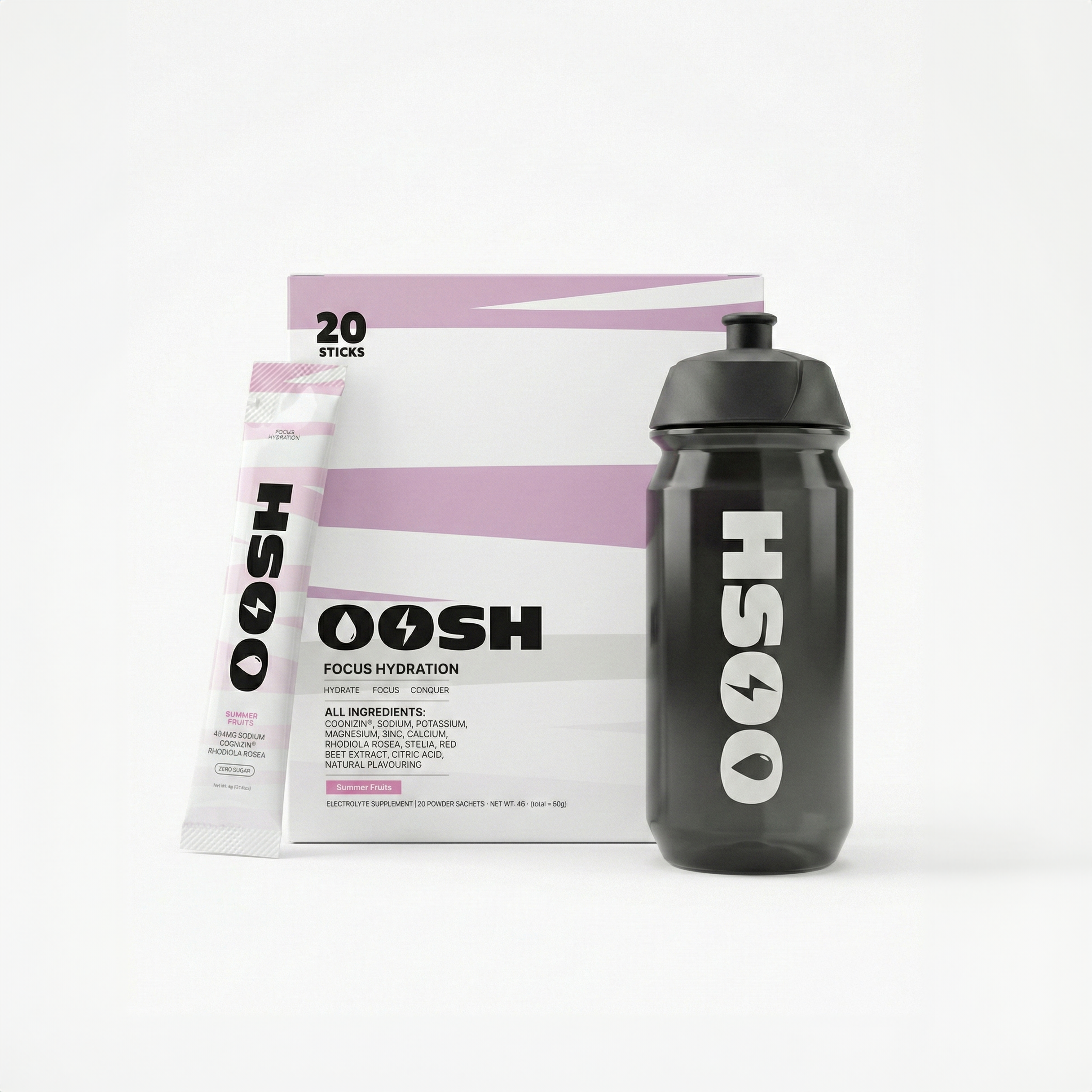 OOSH Starter Kit with Focus Hydration sachets and 500ml bottle